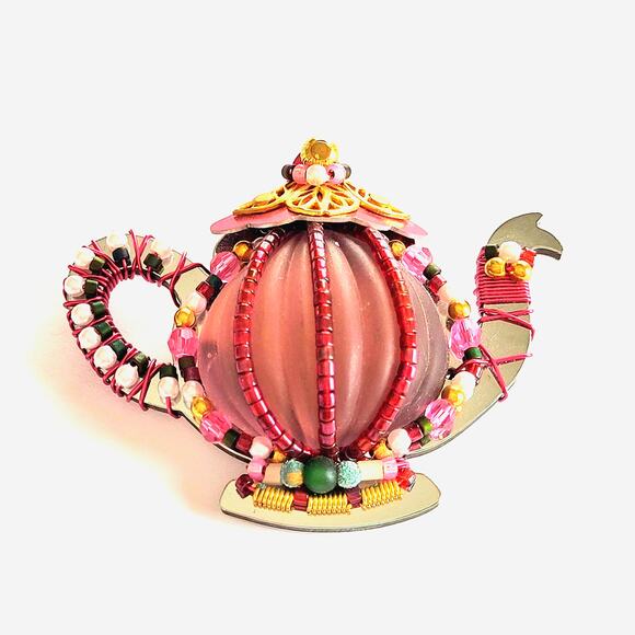 LizTech Vintage Brooch Teapot Signed Dated '02 ADORABLE Upcycled Tech Parts - Picture 1 of 11
